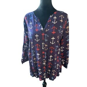 Caribbean Joe Women’s Blouse – Navy Blue Anchor Print – Size Large